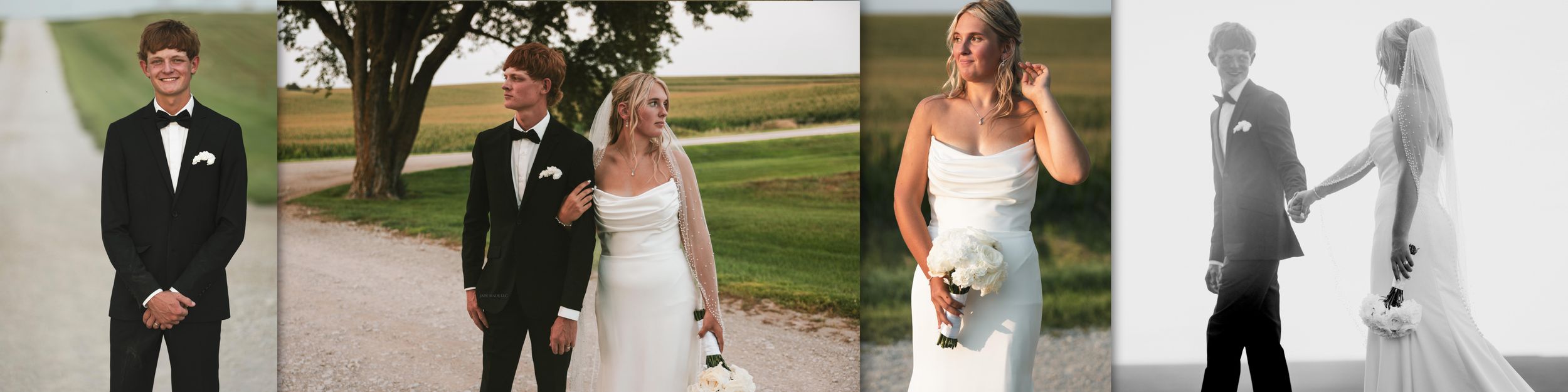 Wedding couple and bridal party pose together outdoors in formal attire for group portraits.