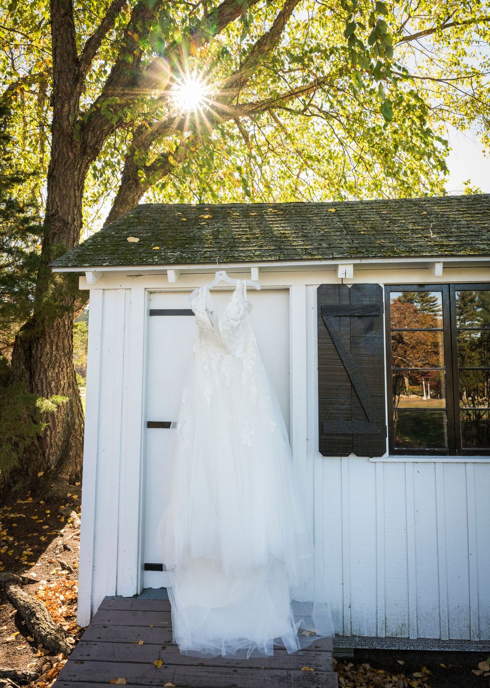 A white wedding dress hangs outdoors against a white building with sunlight filtering through autumn trees.