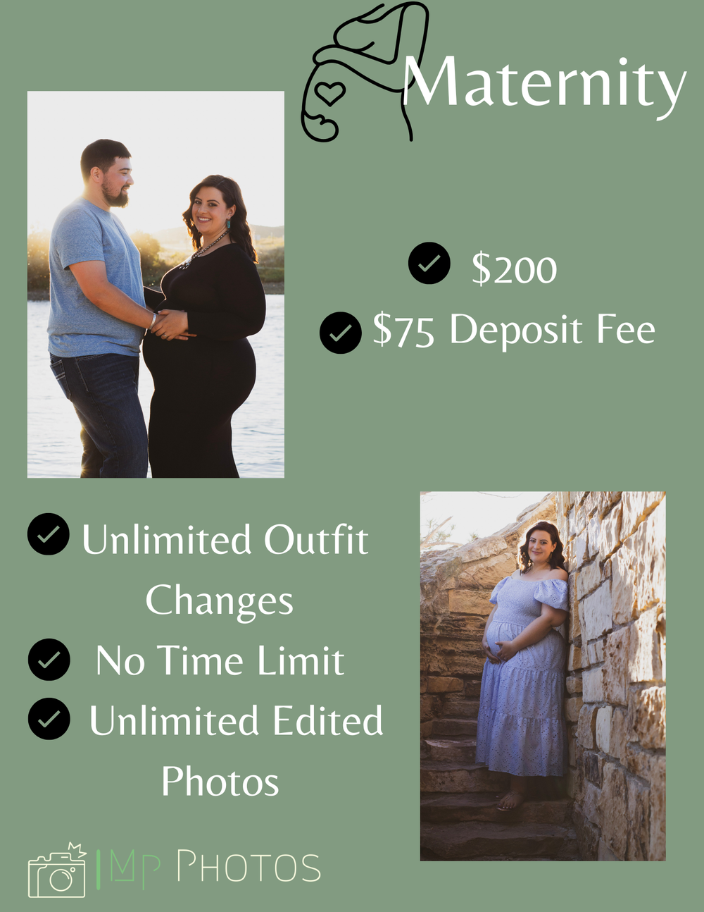 Maternity photography package details showing pricing and services for $200 with unlimited outfit changes.