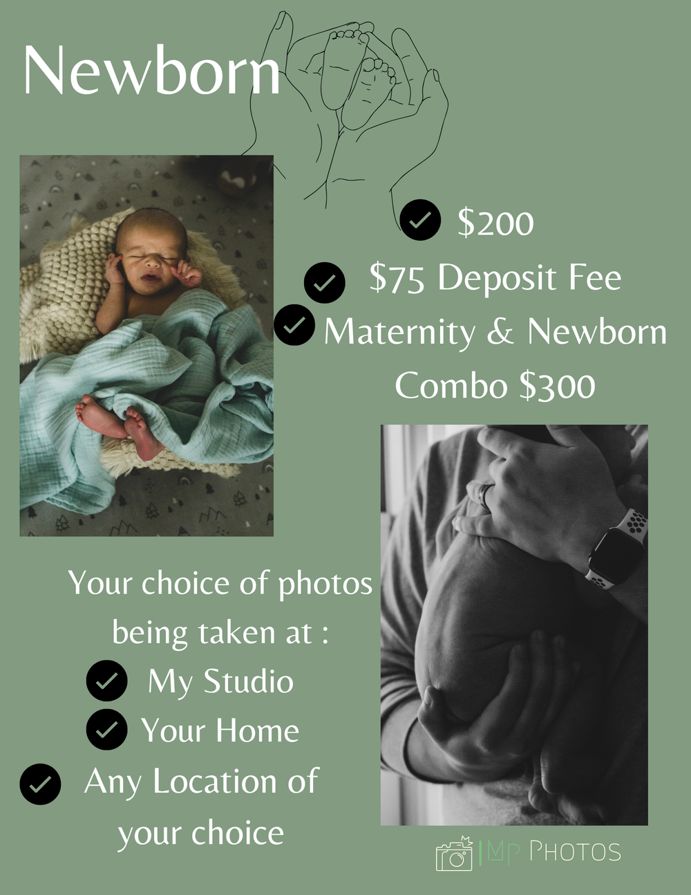 Newborn photography pricing menu showing studio and location options with sample photos.