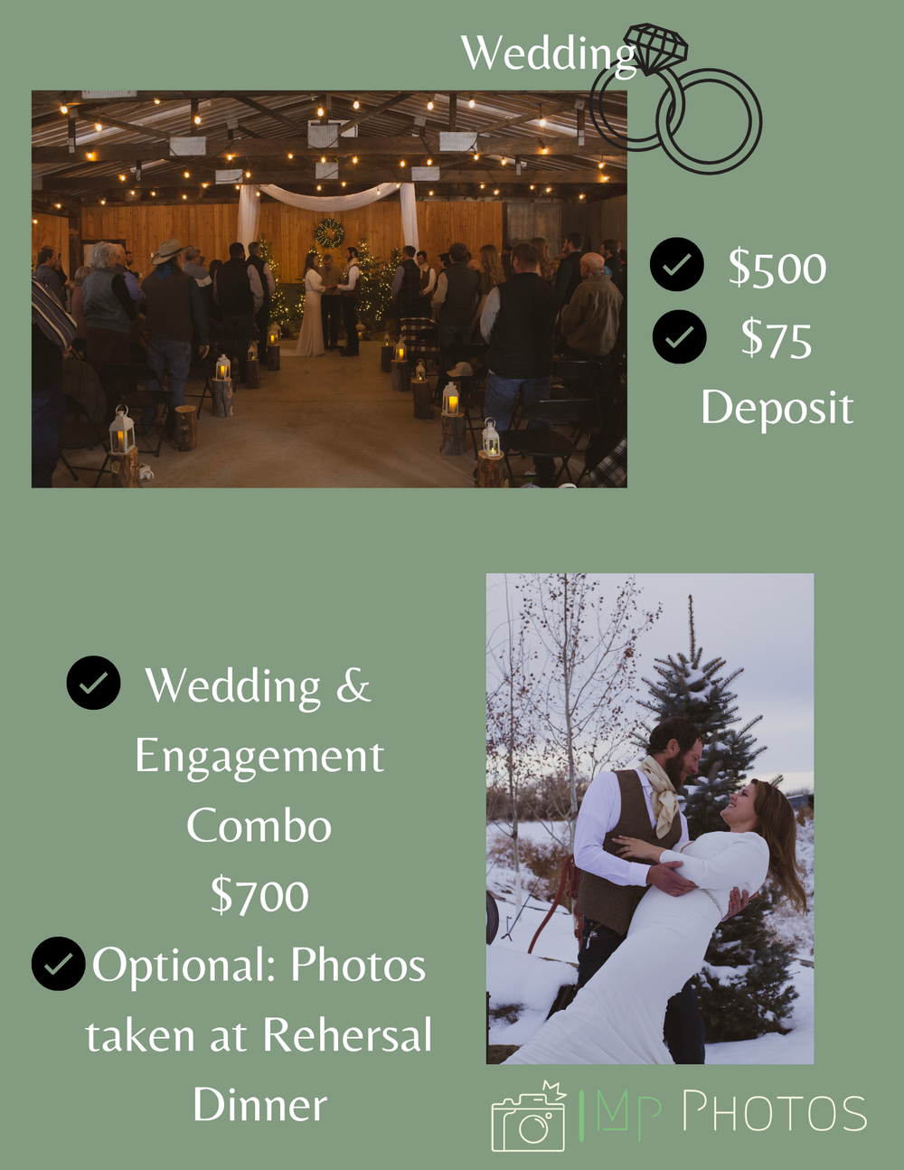 Wedding photography pricing menu showing ceremony and engagement combo packages with venue sample photos.