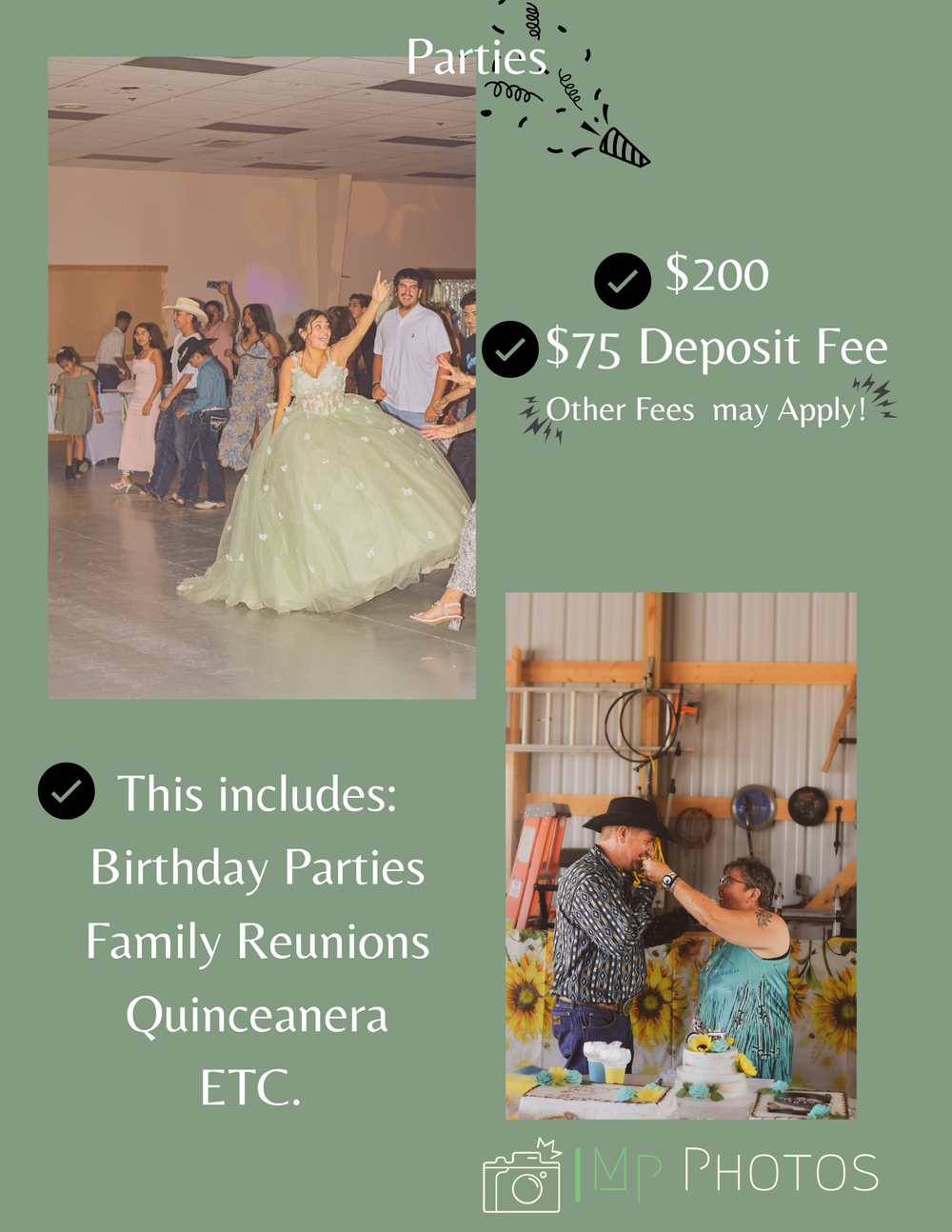 Event pricing flyer featuring party photos and details for birthdays, reunions, and quinceañeras.