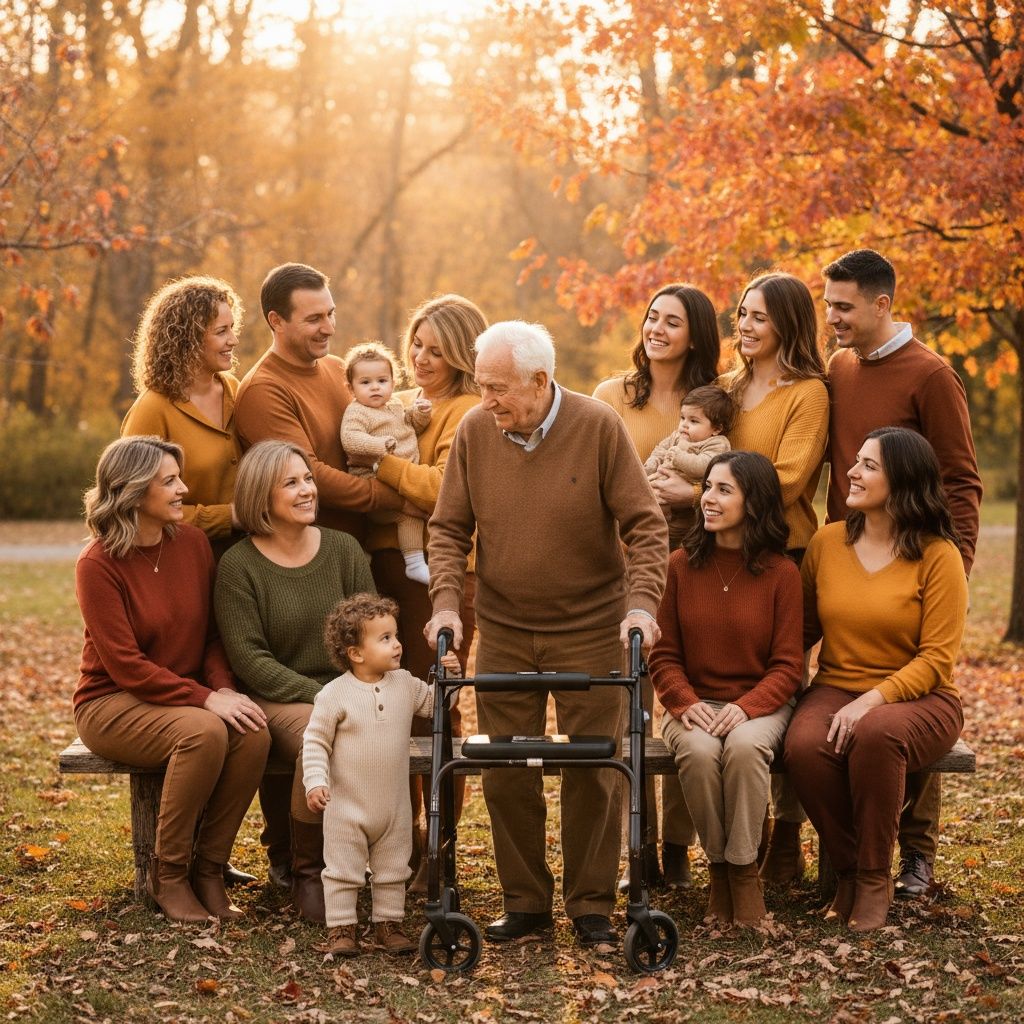 A multi-panel photo sequence shows a family sitting together on fallen leaves during an autumn sunset photoshoot.