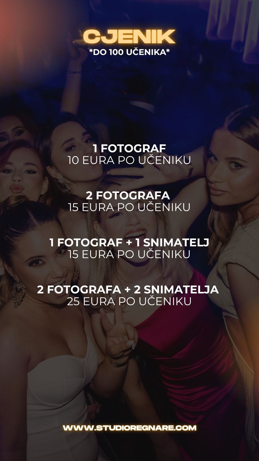 Nightclub event poster with text overlays showing 'Maturalna Vecer' against a dark background with crowd photos.