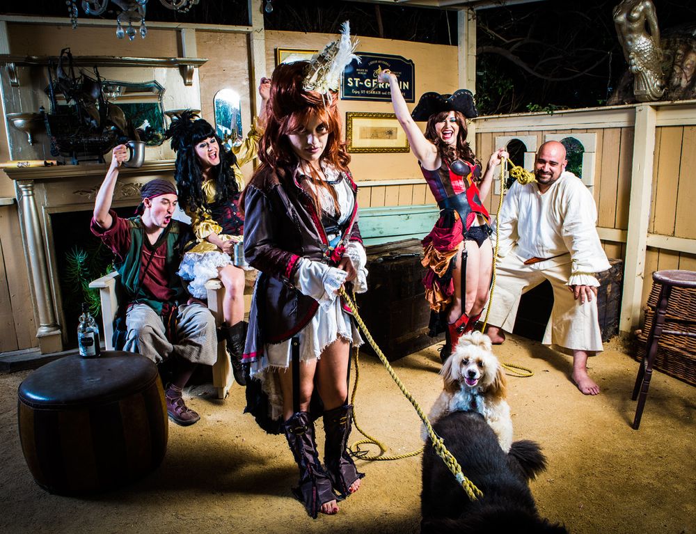 Los Angeles Brand Photographer. Many people dressed as pirates and steampunk with two dogs humping each other in foreground.