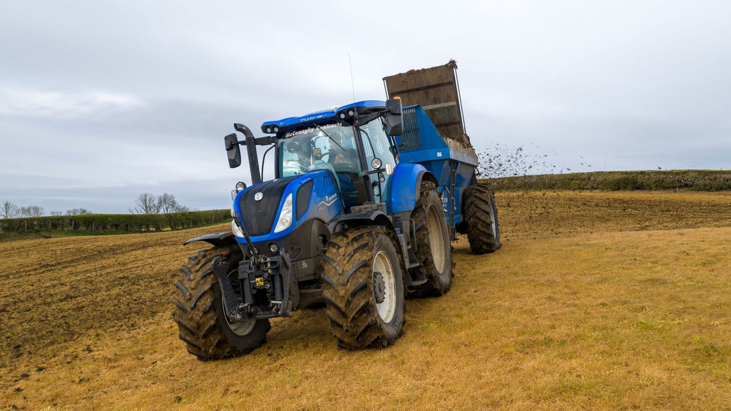 Blue New Holland tractor spreading soil in a field with a dump trailer attachment on a cloudy day.