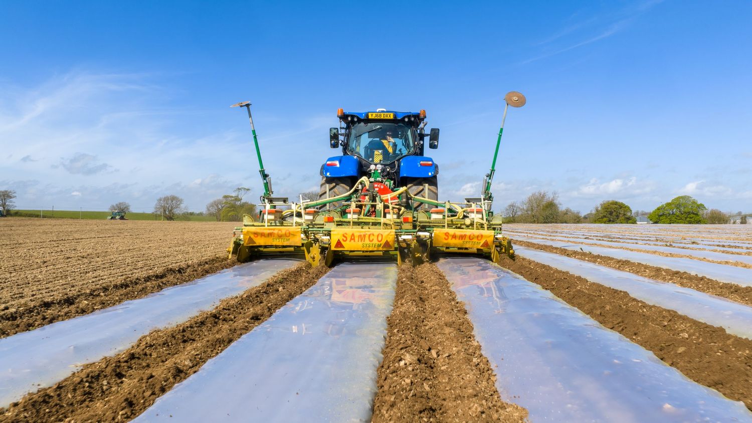 Blue tractor laying plastic mulch film across rows in a freshly plowed agricultural field.