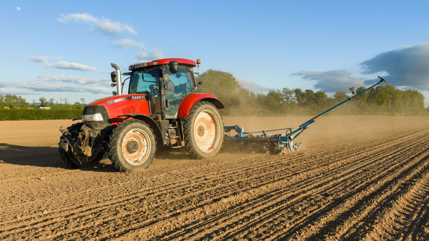 Red tractor plowing dusty agricultural field on a sunny day, preparing soil for planting crops.