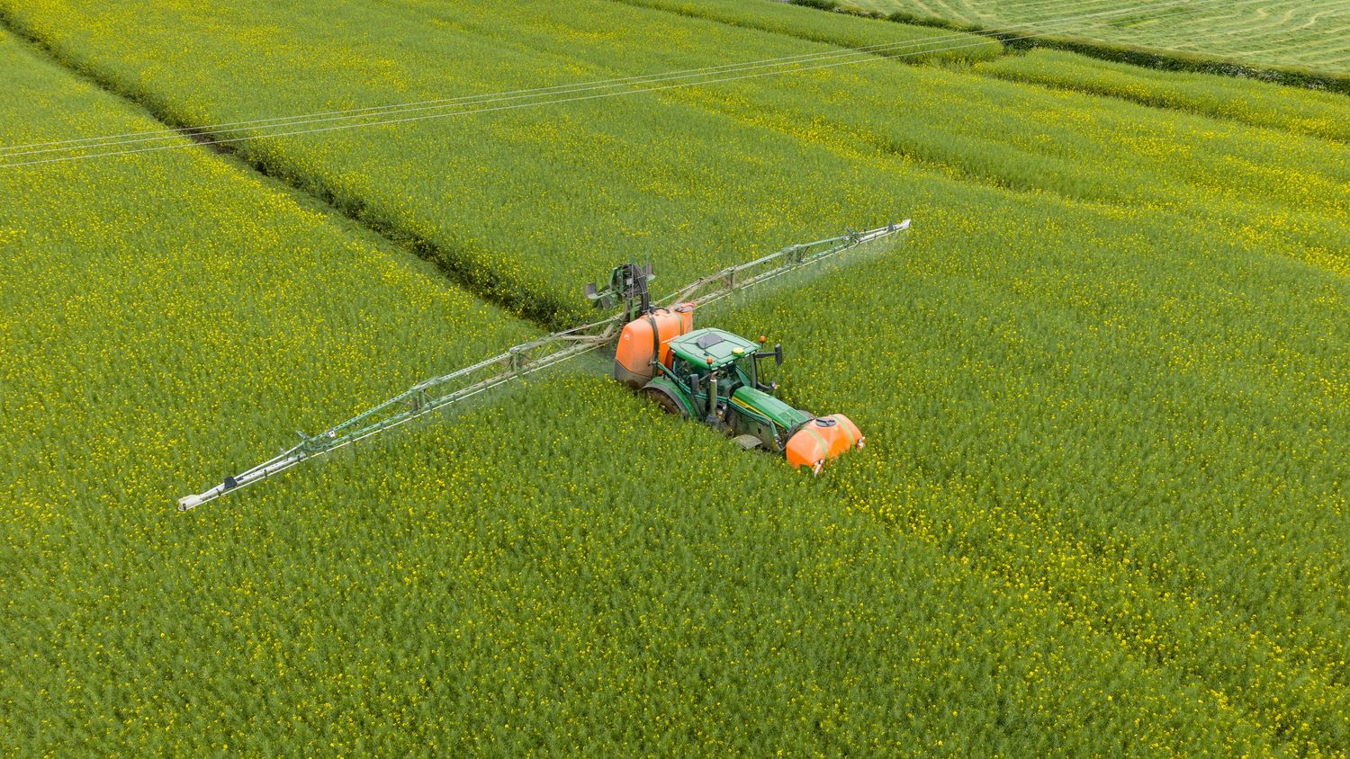 Aerial view of a green tractor spraying pesticides on a lush green crop field in summer.
