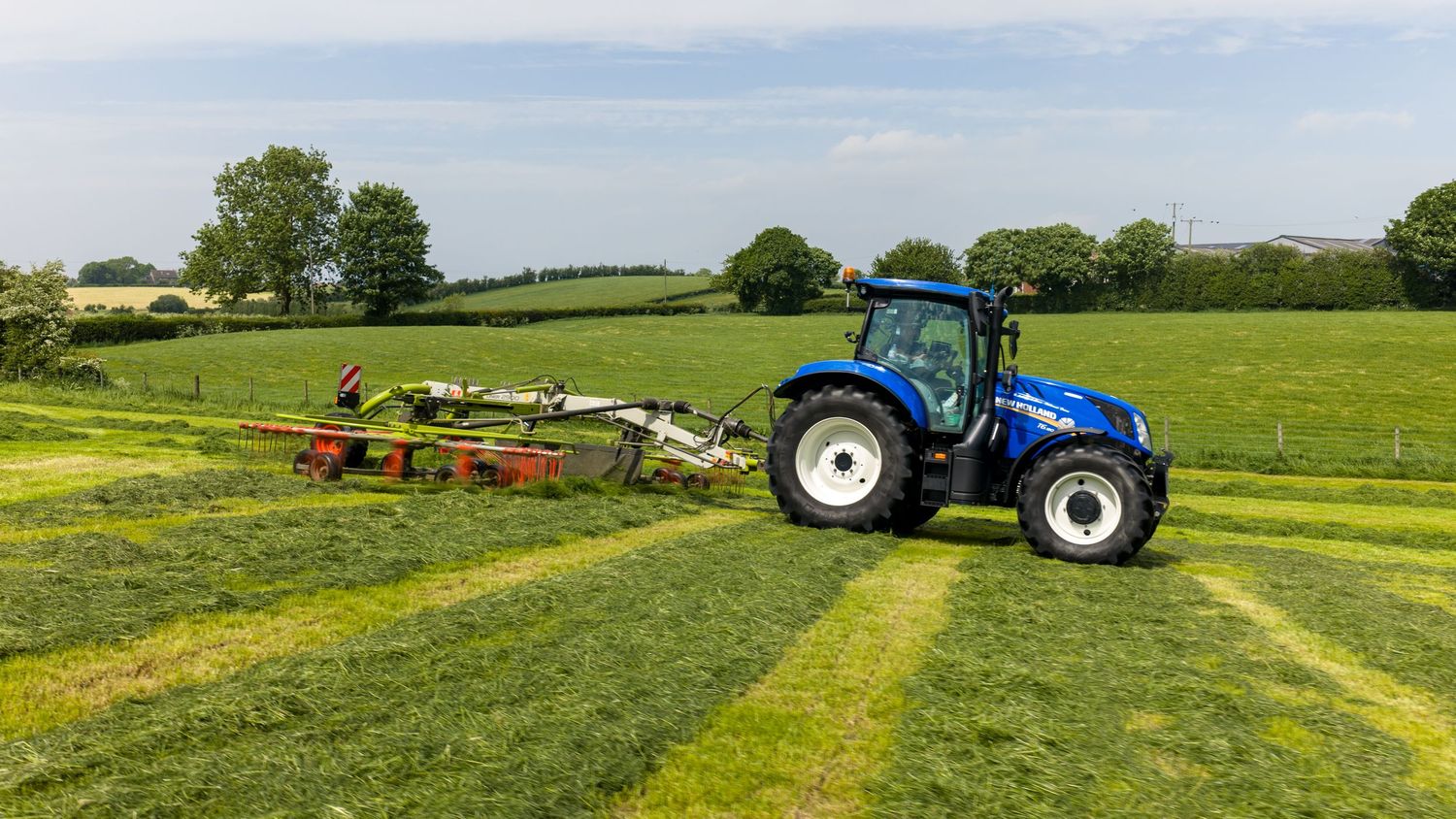 Blue New Holland tractor with hay rake attachment working in a lush green field on a sunny day.