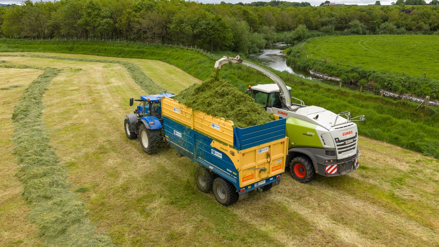 Aerial view of a Claas forage harvester and blue tractor collecting freshly cut grass silage in a green Irish field.