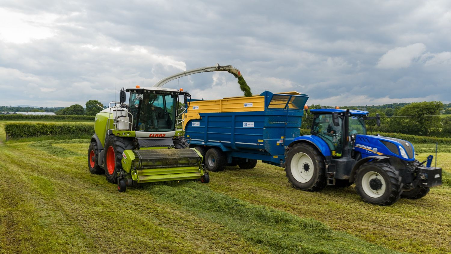 Green Claas forage harvester collecting grass silage alongside a blue New Holland tractor with trailer in a field.