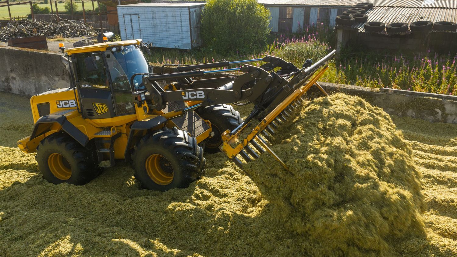 JCB wheel loader compacting green silage into a large pile on a farm.