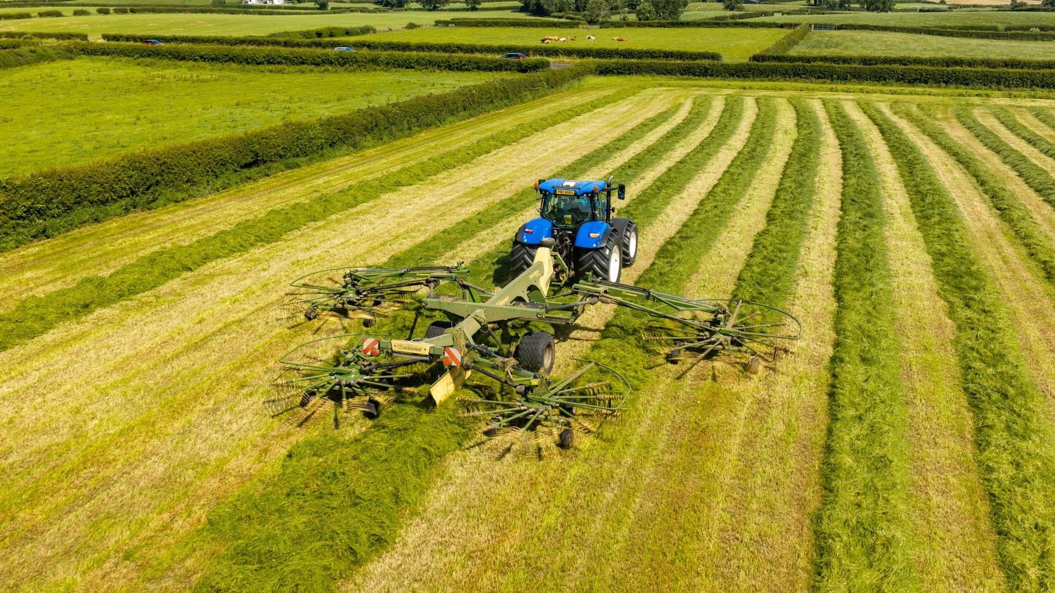Blue tractor with large green rake attachment tedding hay in striped agricultural field, aerial view.