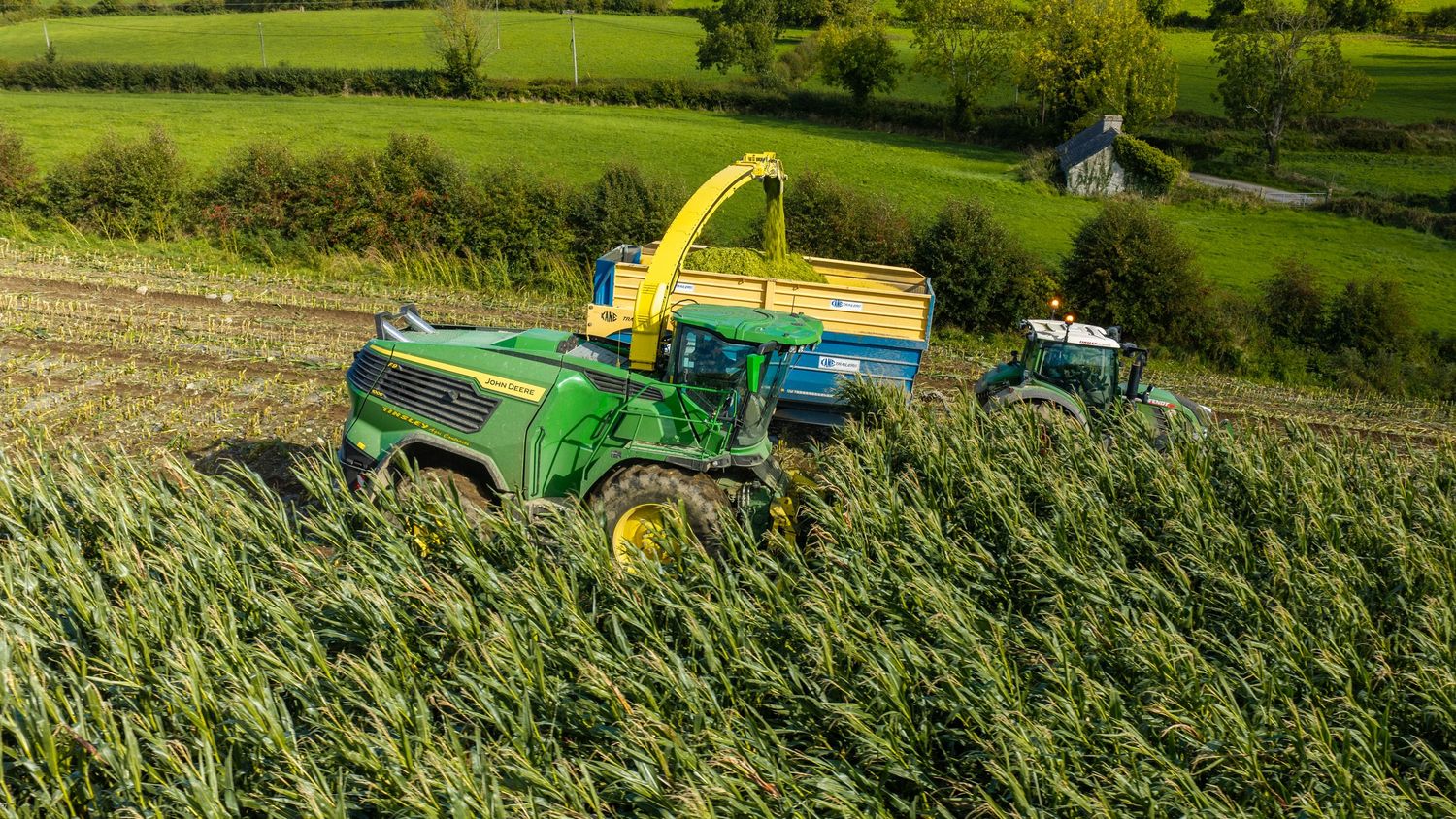 John Deere tractors harvesting tall green crops in a lush rural field on a sunny day.