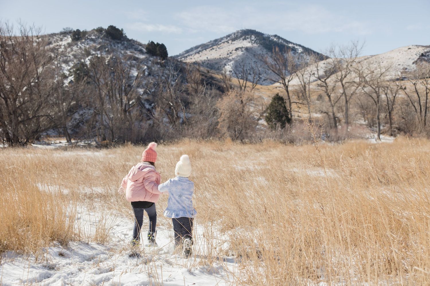 A snowy winter scene shows people walking through golden prairie grass with mountains in the background.