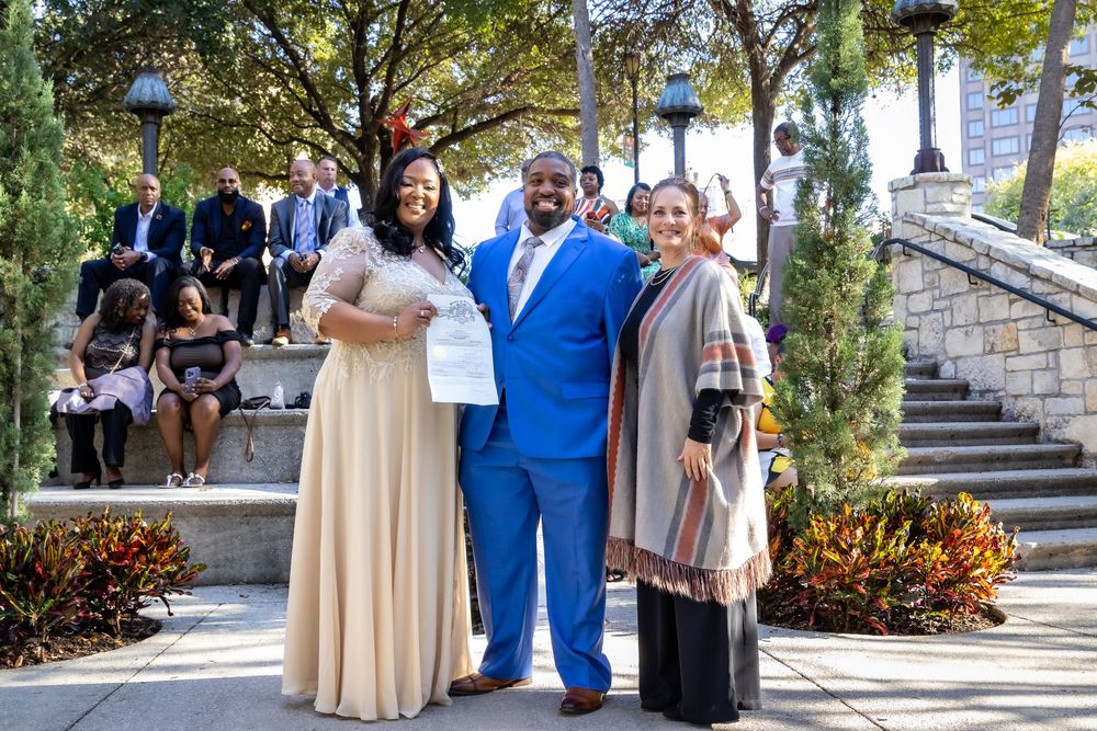 A series of outdoor wedding photos showing a bridal party in blue and beige attire posing on stone steps and walkways.
