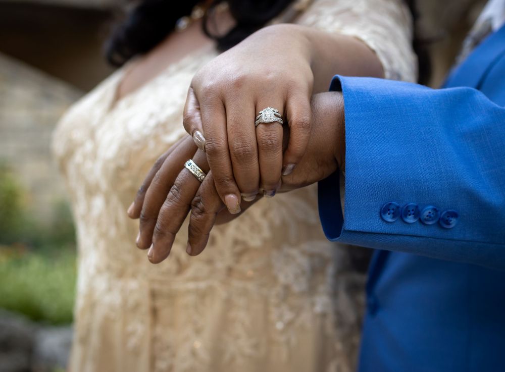 Close-up series of hands with diamond engagement ring showing different angles and sparkle details.