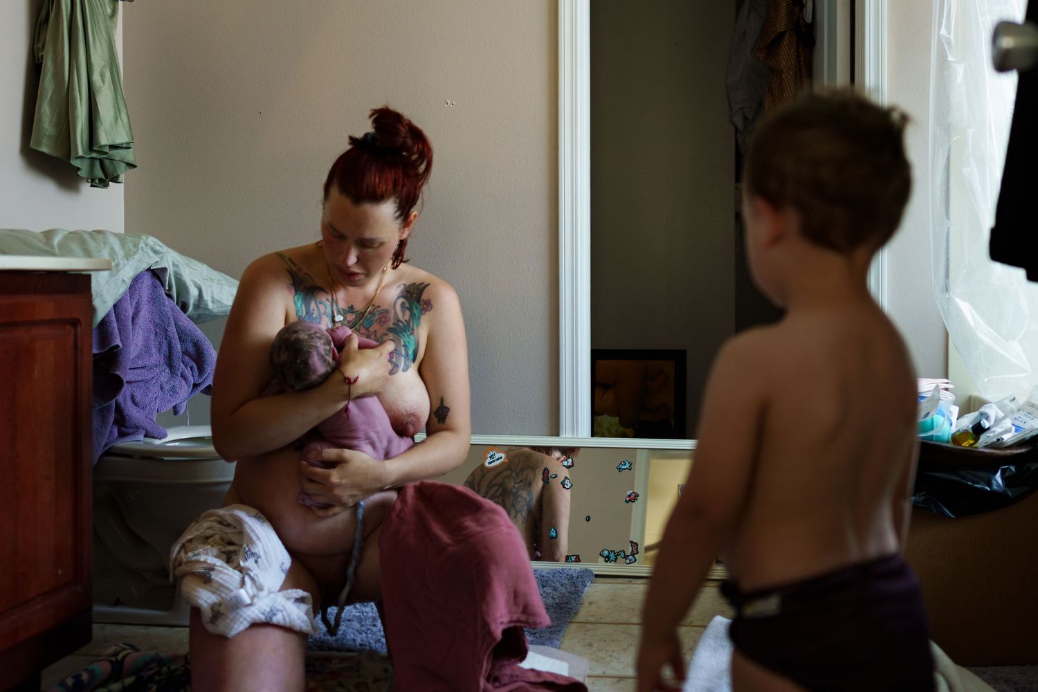 A series of candid family moments showing parent and child interactions in a home setting.