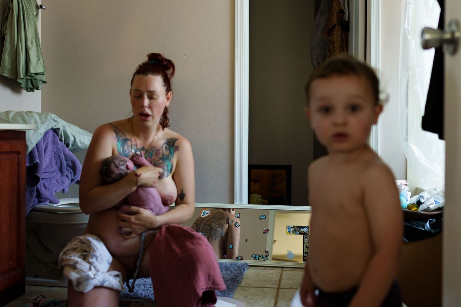 A sequence of candid indoor family moments showing a child and adult interacting in a home setting.