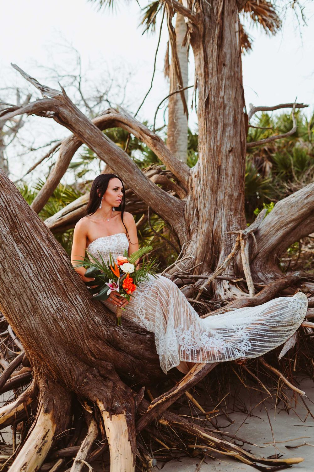 Photoshoot at Matanzas Inlet Saint Augustine Florida. Driftwood beach portrait.