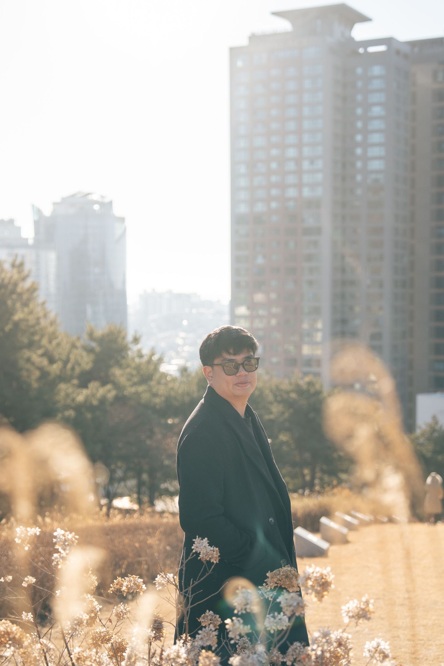 Person in dark coat walks through golden autumn field with city buildings in background during sunset.