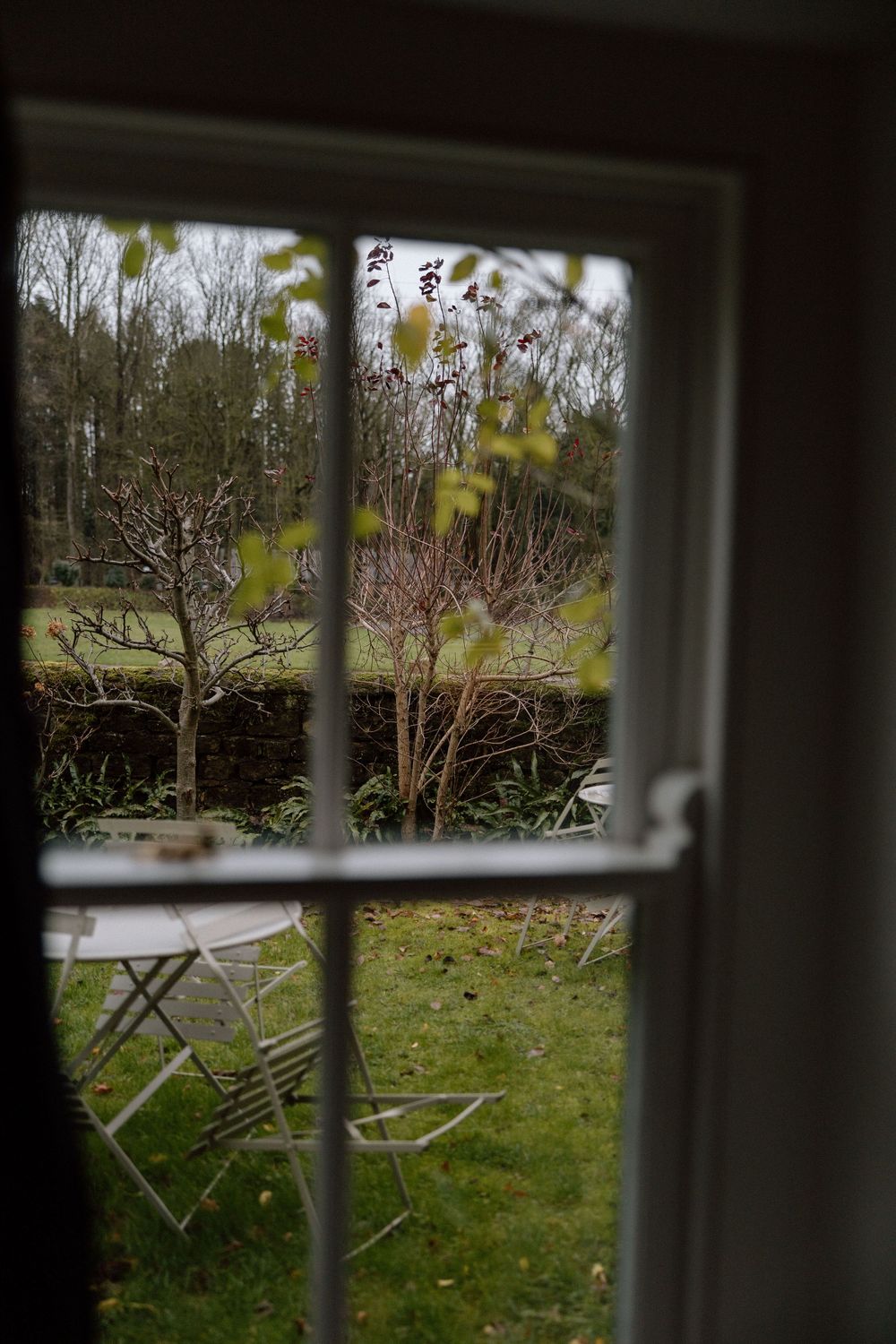 View through a window showing lawn chairs and trees in a garden on an overcast day.