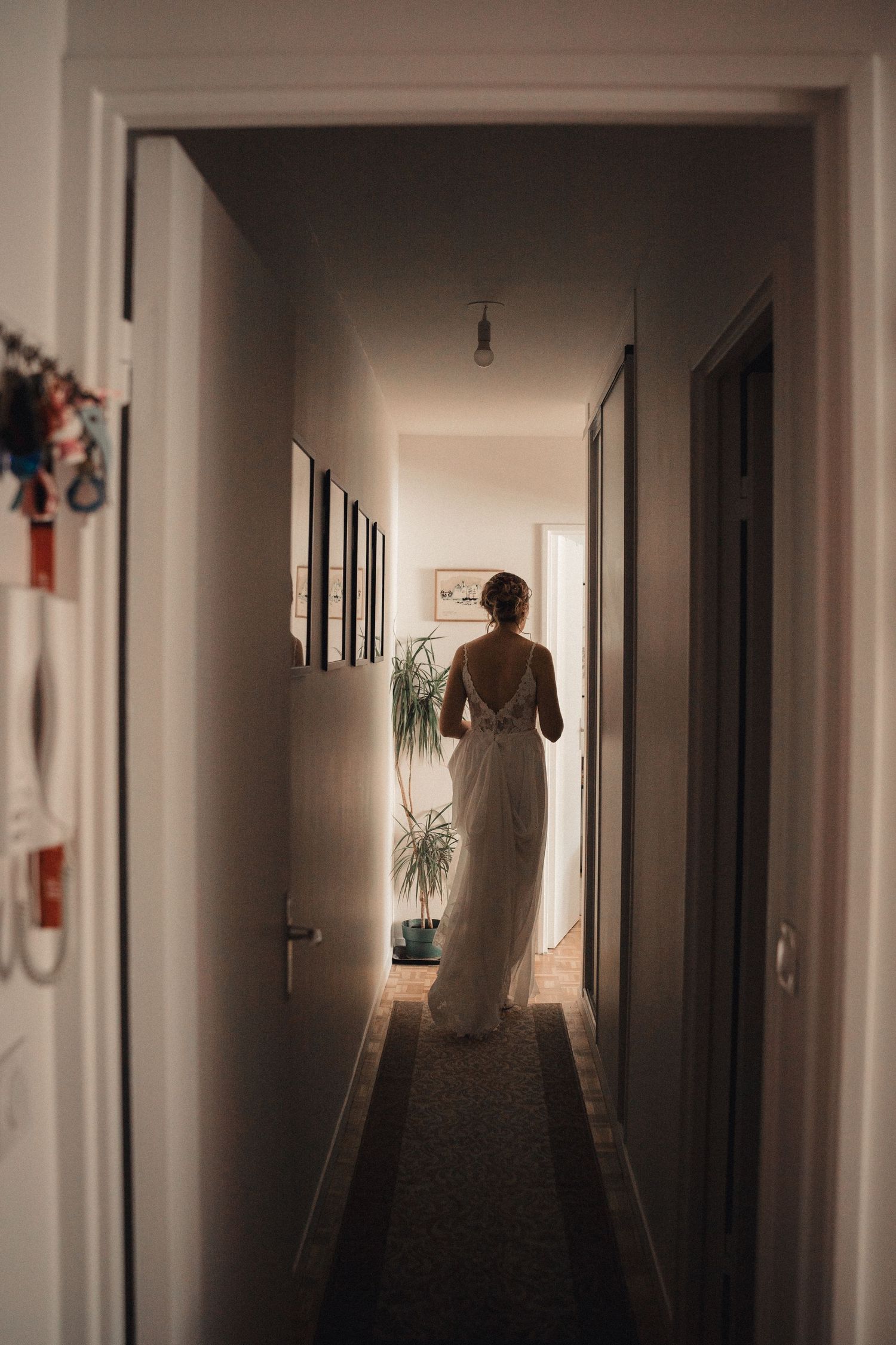 Artistic series of moody hallway shots with natural light streaming through windows and doorways.