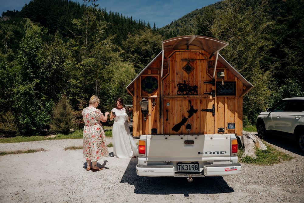 Riwaka Resurgence elopement, gypsy caravan, Nelson Tasman wedding
