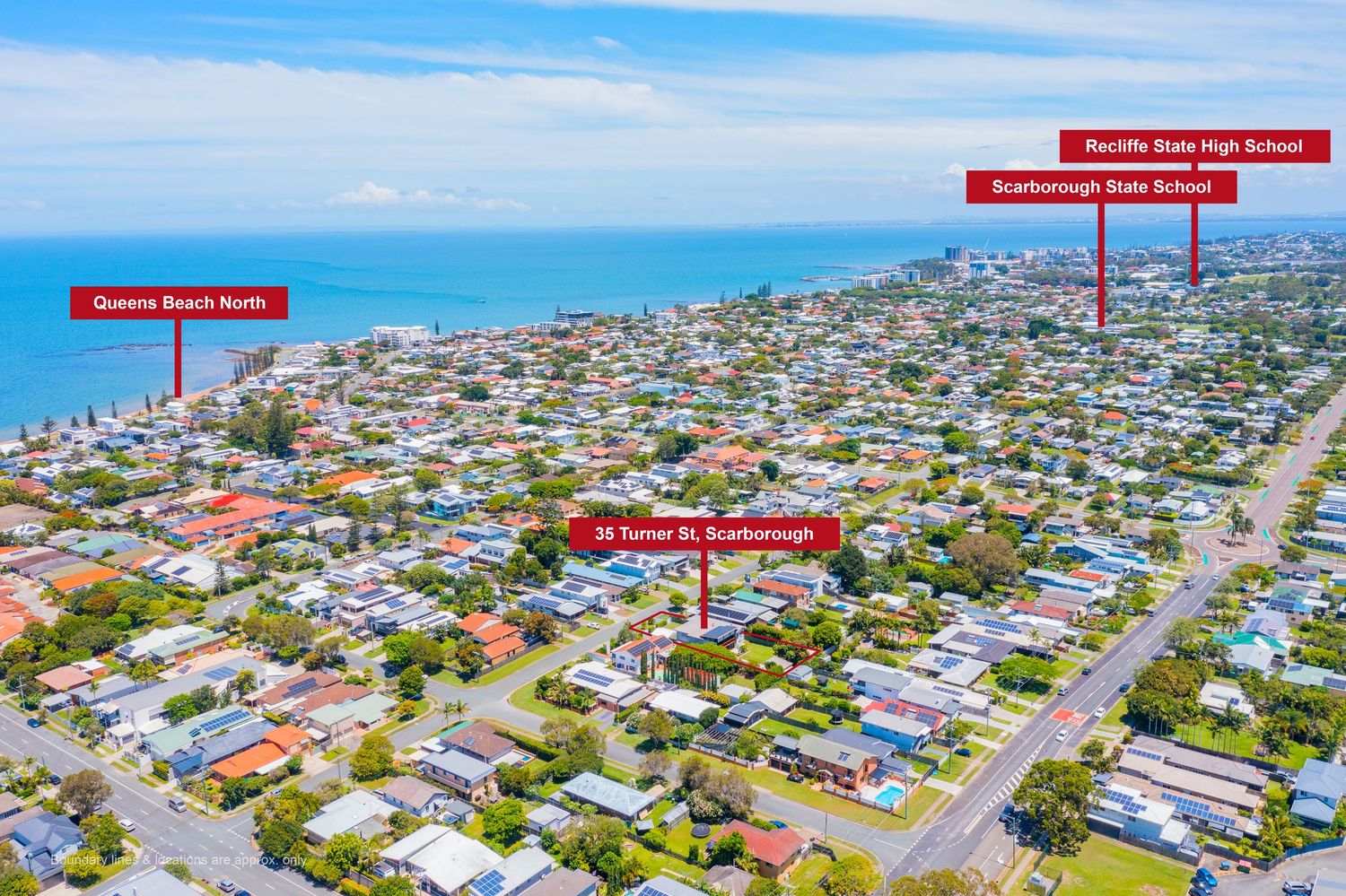 Aerial view of Scarborough suburb highlighting Turner St property near Queens Beach and local schools.