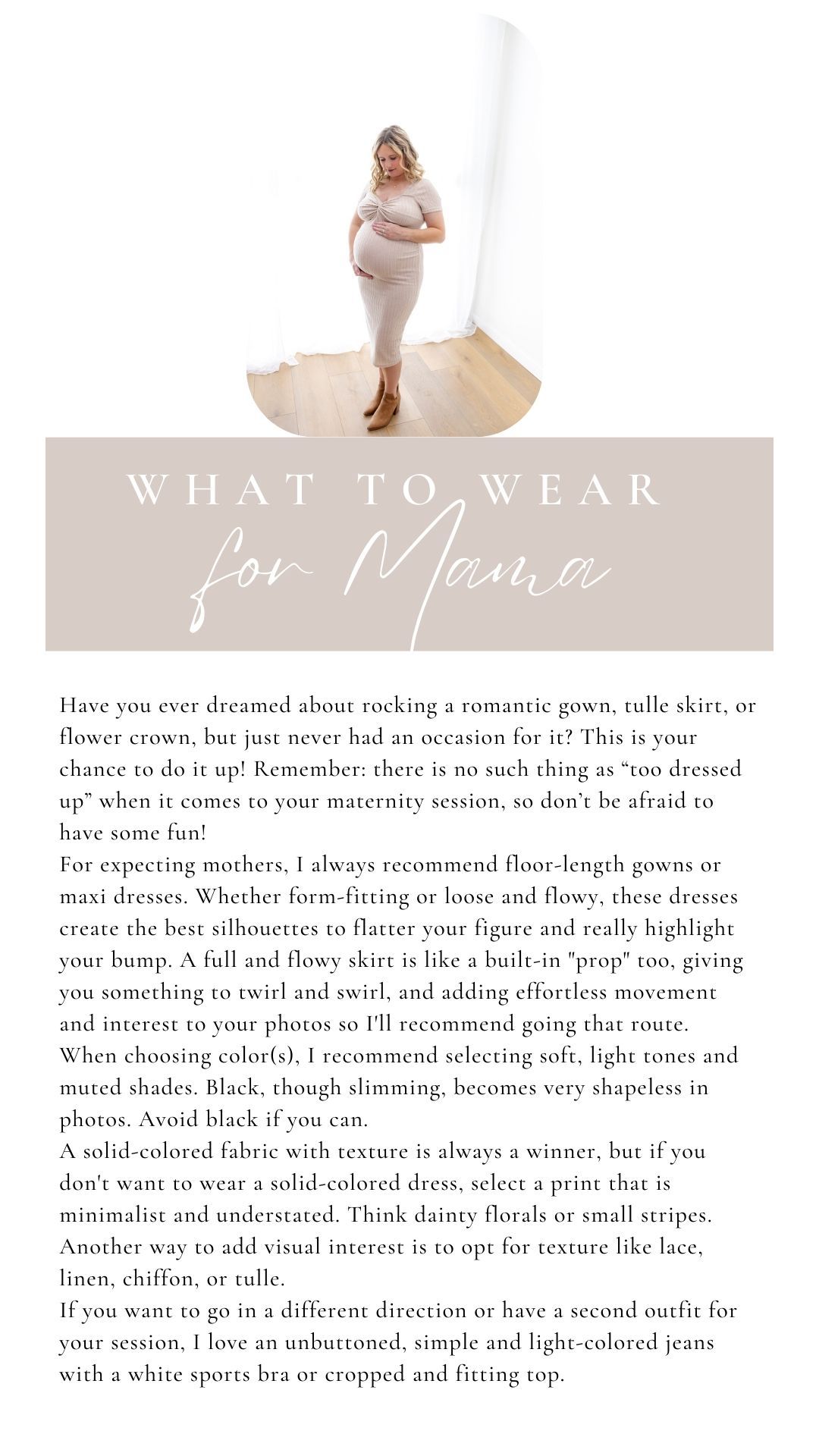 Elegant wedding dress styling guide showing text overlays and design elements in soft beige and white tones.