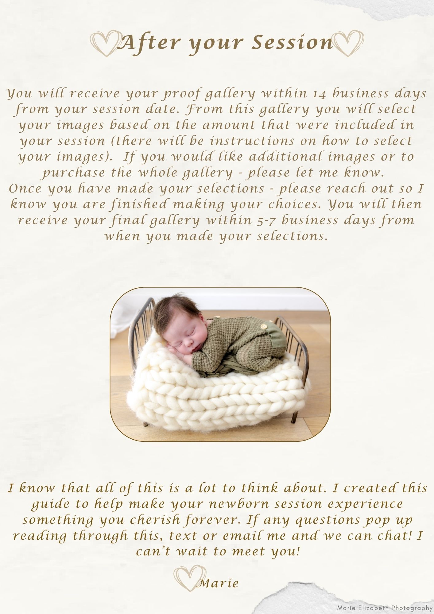 A newborn photography session information page with text details and a baby sleeping in a cream knit blanket.