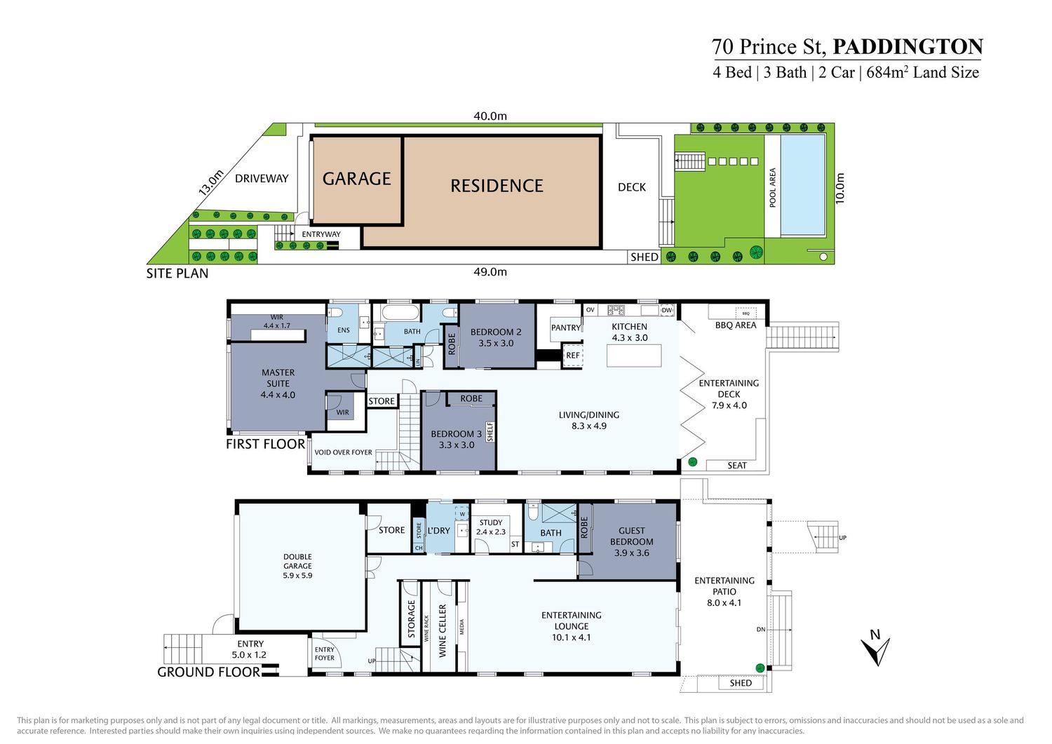 Floor plan of 4-bed 3-bath home at Paddington with garage, deck, and pool on 384sqm land.