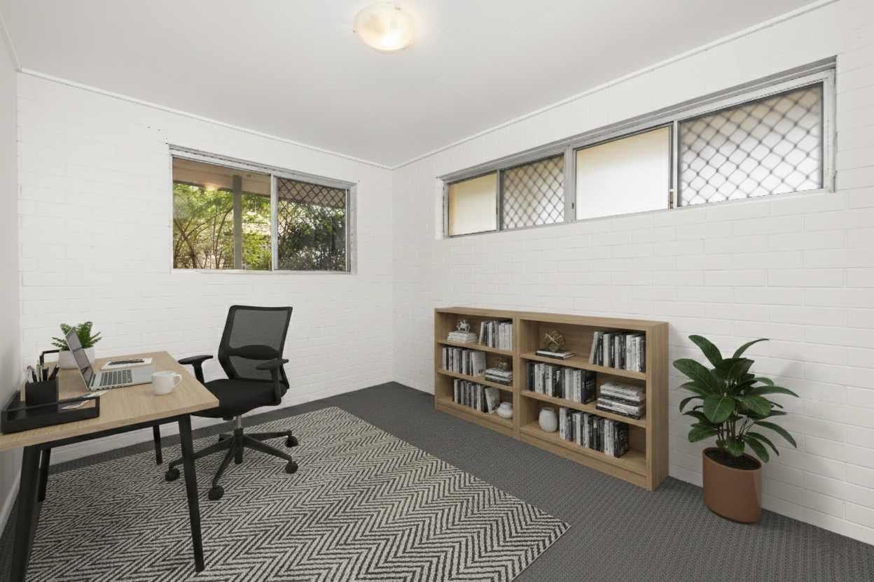 Home office with dark desk, ergonomic chair, timber bookshelf, and louvre windows for natural light.
