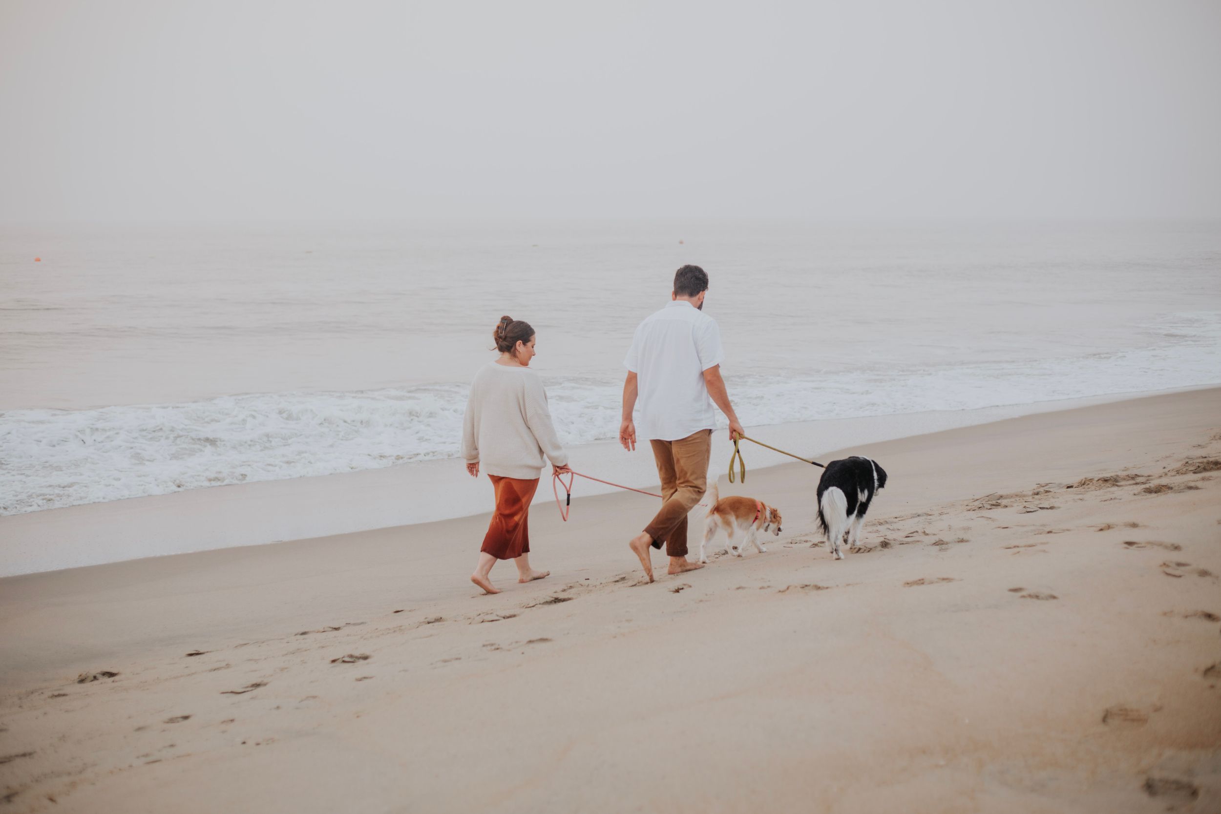 A couple and their two dogs walk along a foggy beach shoreline, leaving footprints in the sand.