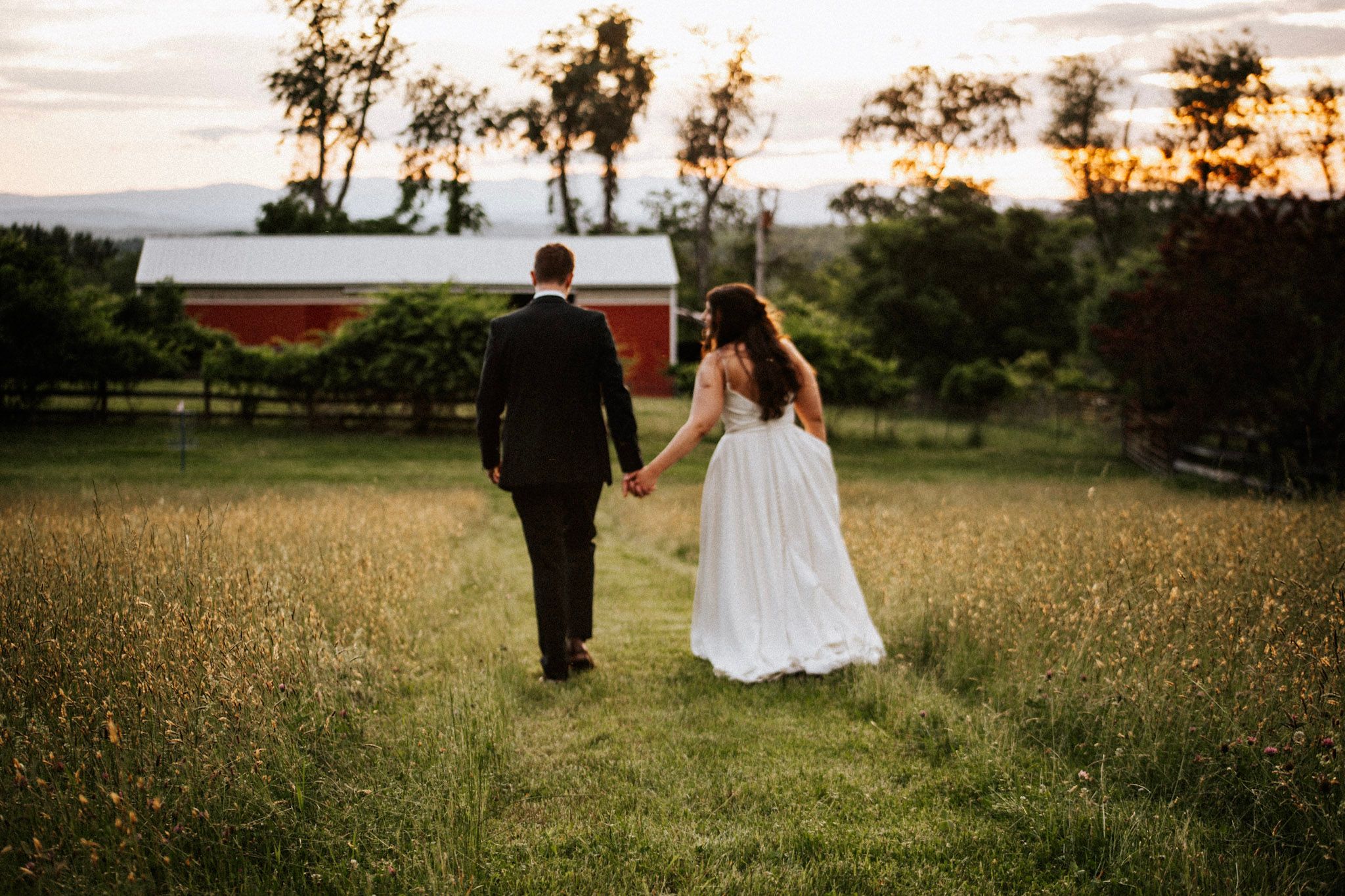 A bride and groom walk hand in hand through a golden meadow toward a red barn at sunset.