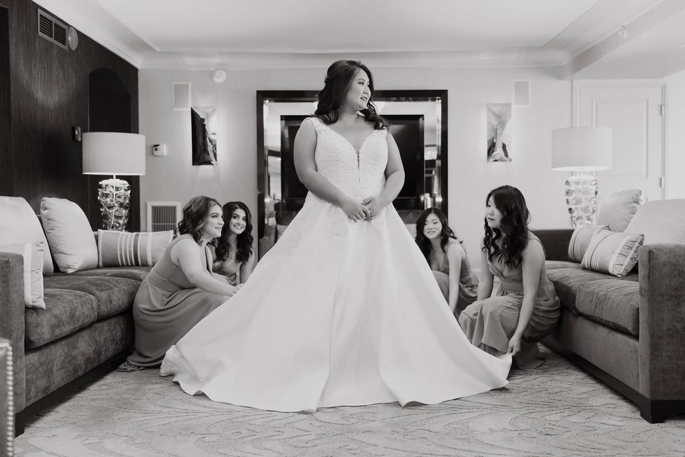 Black and white panoramic sequence showing wedding preparations in an elegant indoor setting.