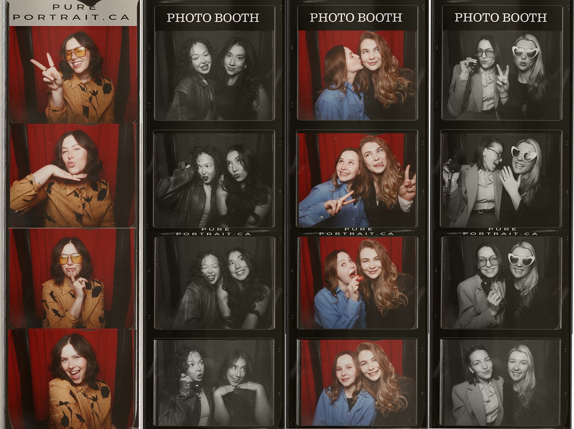 A strip of black and white photo booth pictures showing multiple poses of people against alternating dark and red backgrounds.