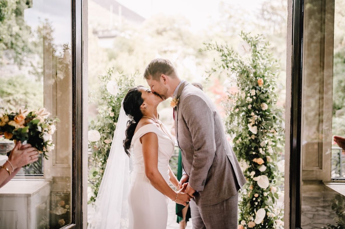 Lake Iseo destination wedding ceremony in Art Nouveau frescoed hall of Italian villa