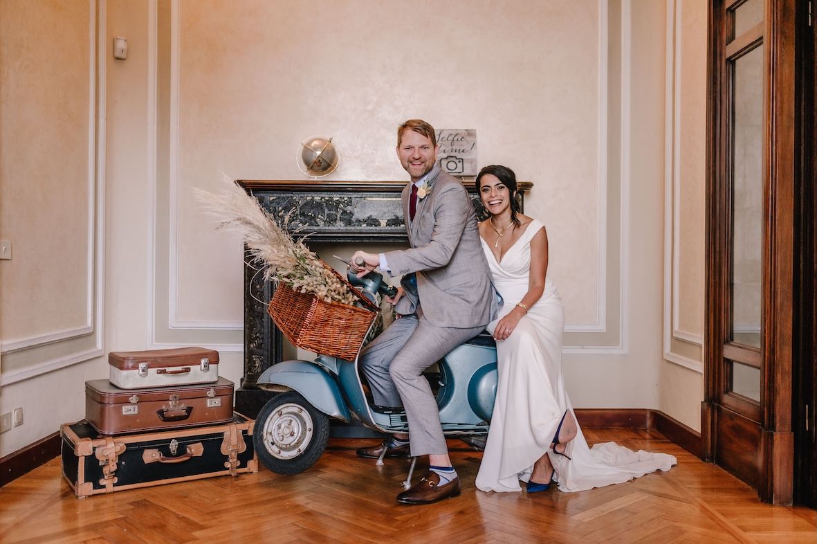 Vintage Vespa photo booth at Lake Iseo Italian villa wedding