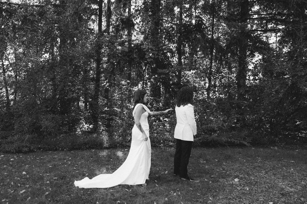 A black and white photo collage showing wedding dress portraits in a wooded outdoor setting.