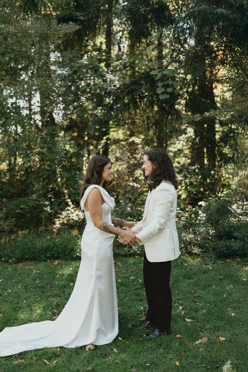 A joyful wedding celebration captured in a series of photos showing two people in white attire sharing intimate moments outdoors.
