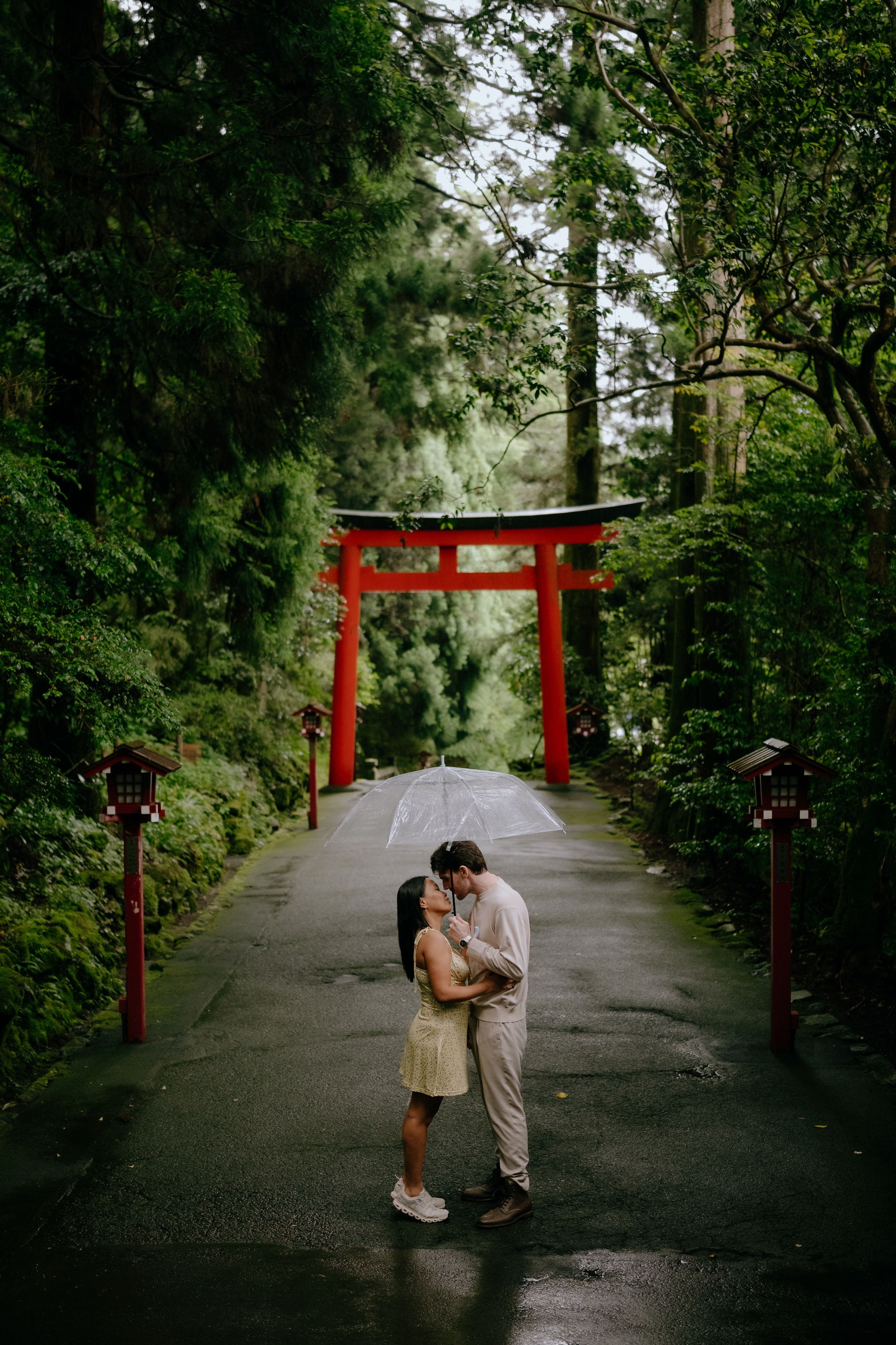 Couple kissing under clear umbrella before red torii gate in lush green forest on rainy day.