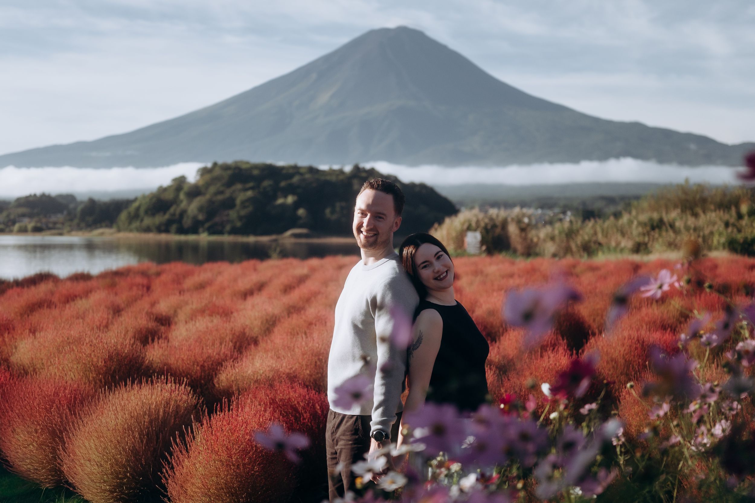 Scenic mountain landscape with vibrant red kochia plants and autumn foliage in Hitachi Seaside Park, Japan.
