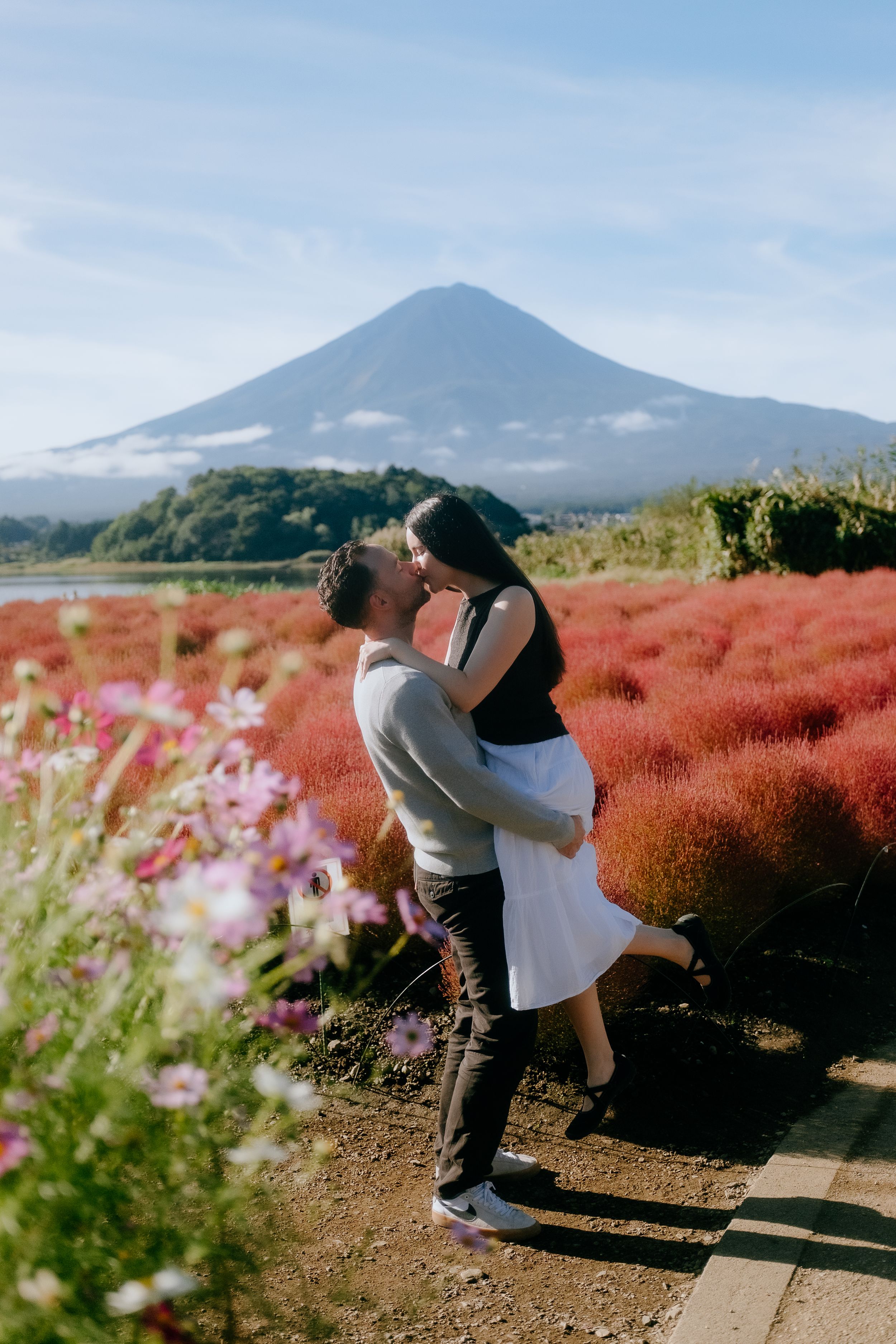 Scenic mountain landscape with red kochia flowers blooming in autumn at Hitachi Seaside Park in Japan.