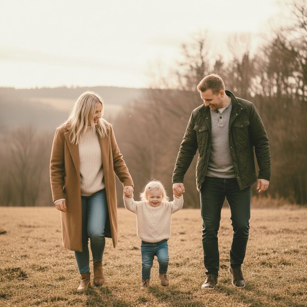 mom and dad walking with child holding hands