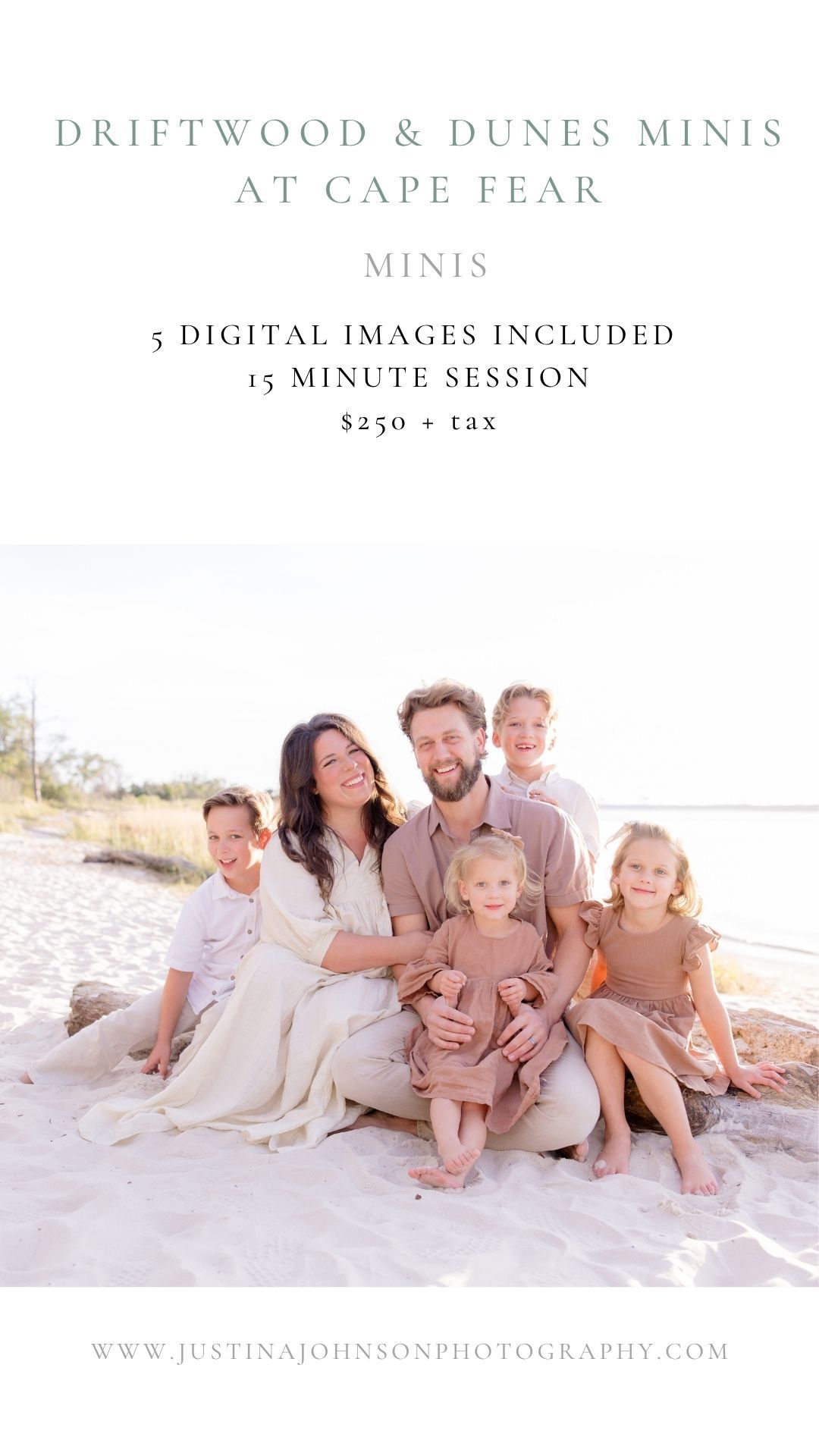 Photography session advertisement for beach mini sessions at Cape Fear featuring coastal dunes and driftwood for $200.