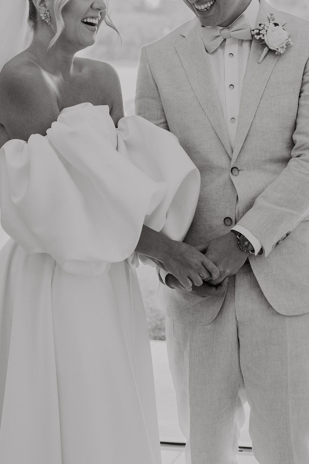 A black and white wedding photo series showing tender moments between a bride and groom in formal attire.