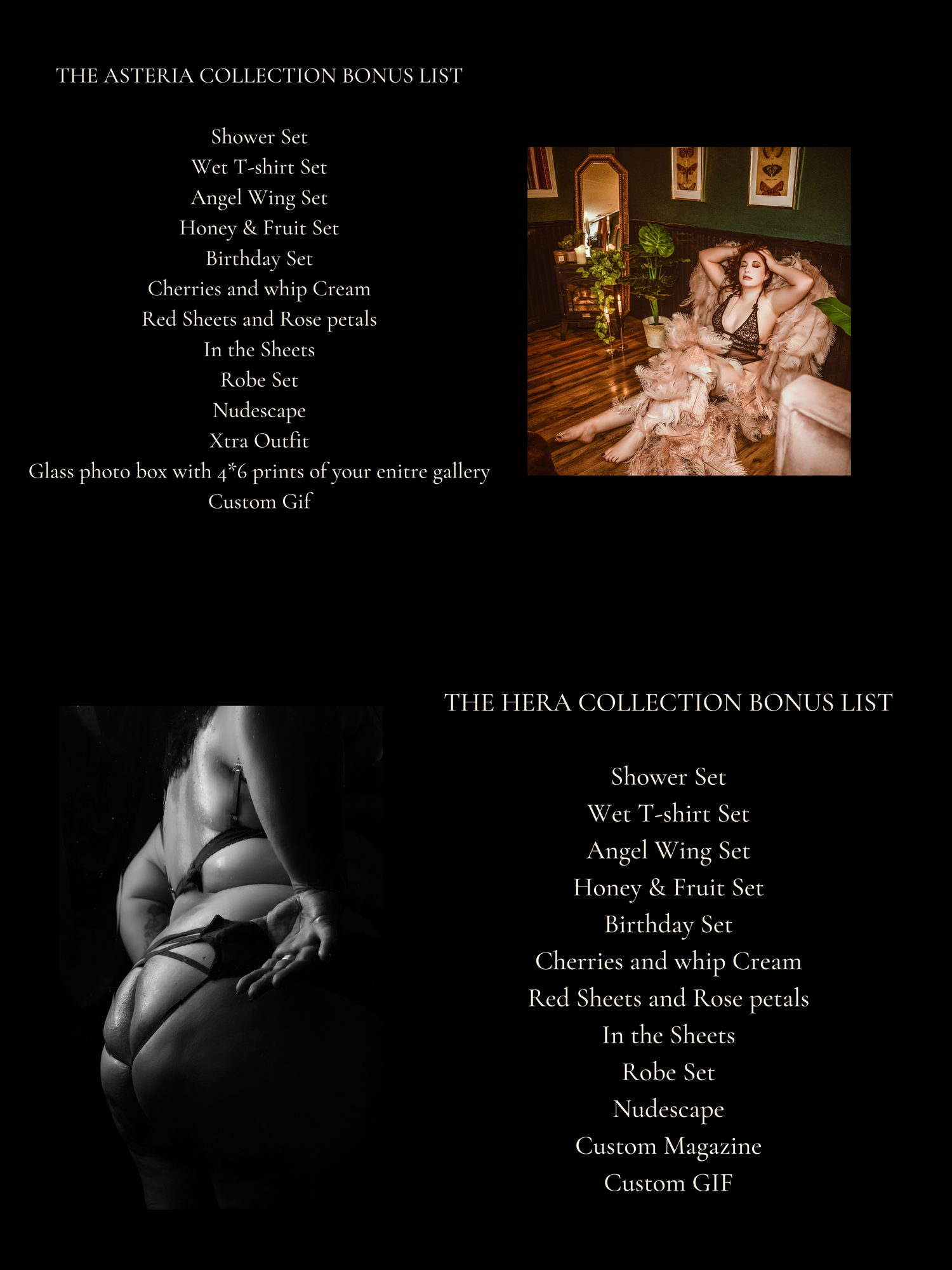 Collection bonus list showing boudoir session packages with decorative artistic photos.