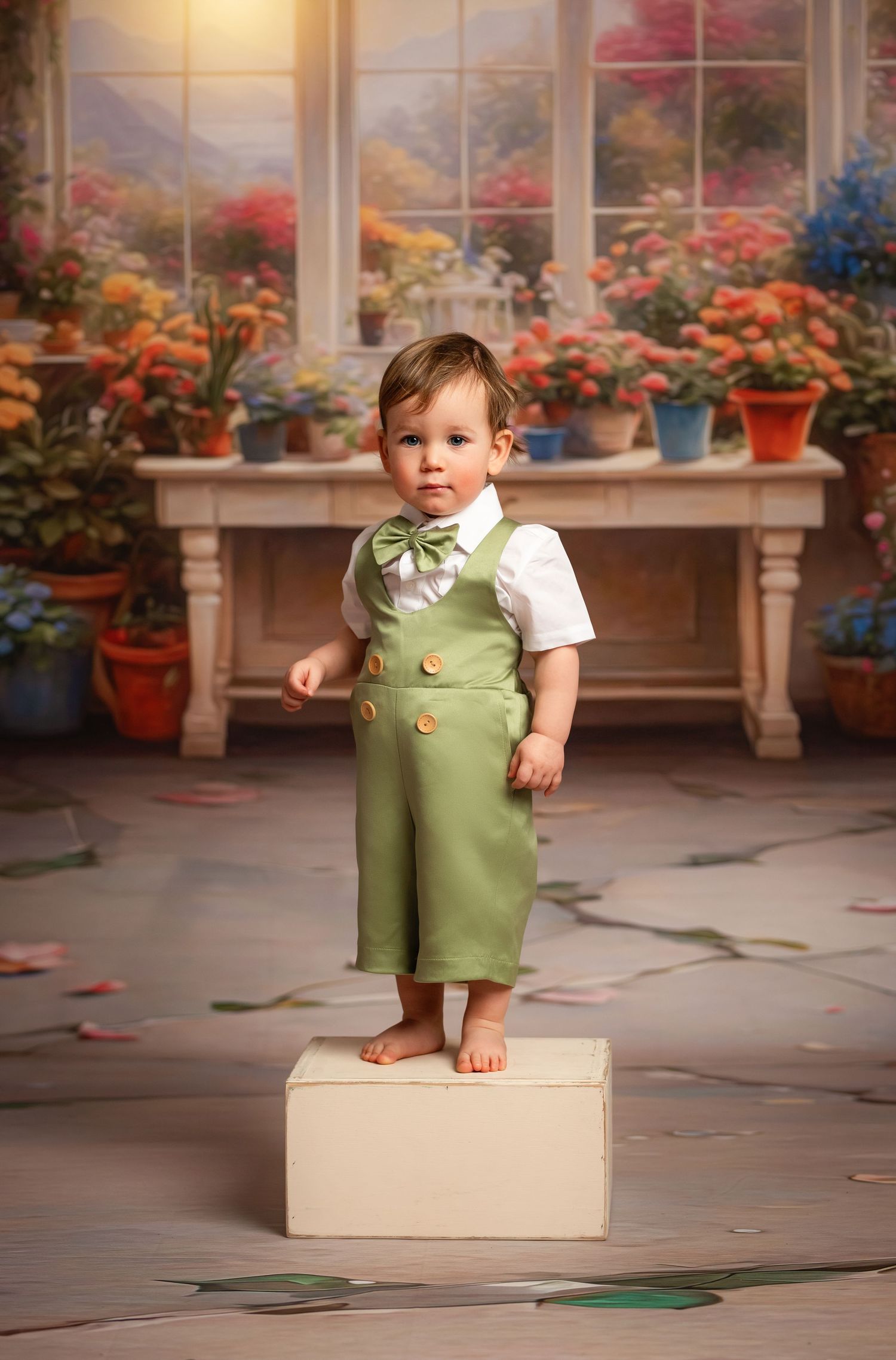 Sweet spring scene with potted flowers and a little one in mint green outfit standing on a wooden box.